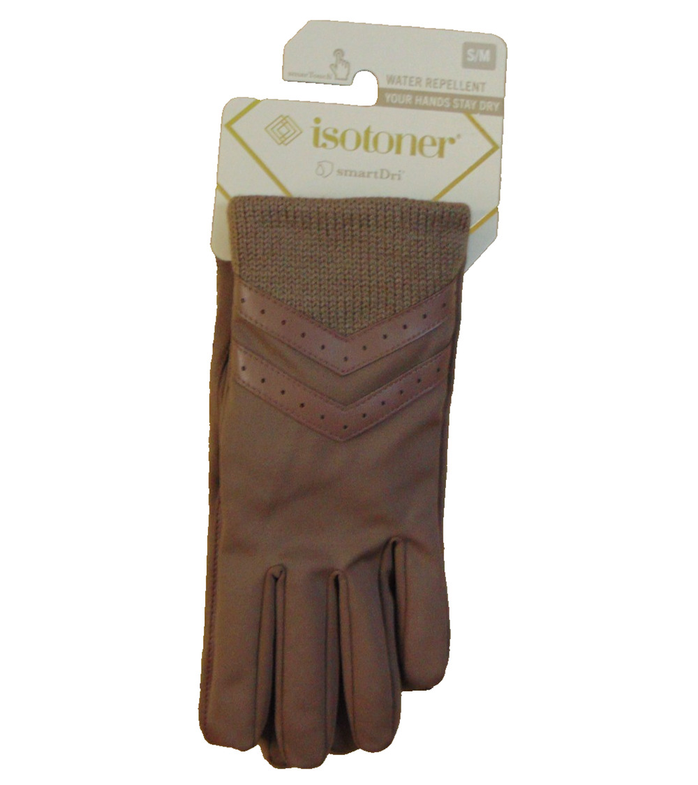 Isotoner Womens smartDRI Spandex Gloves Rib Knit Cuff Deep Taupe S/M NWT